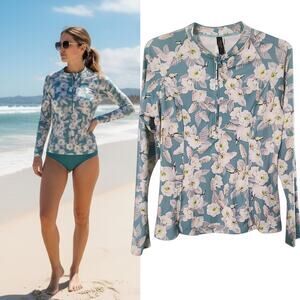 Niptuck Swim Rash Guard Sz 12 Blue Floral 1/4 Zip Long Sleeve Swim Shirt UPF 50